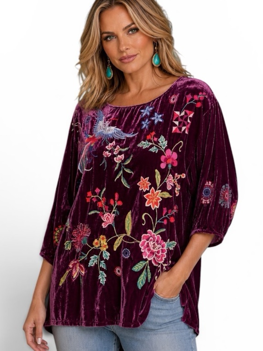 Johnny Was Nikkola heavily embroidered Purple Velvet
Boatneck Blouse NWT